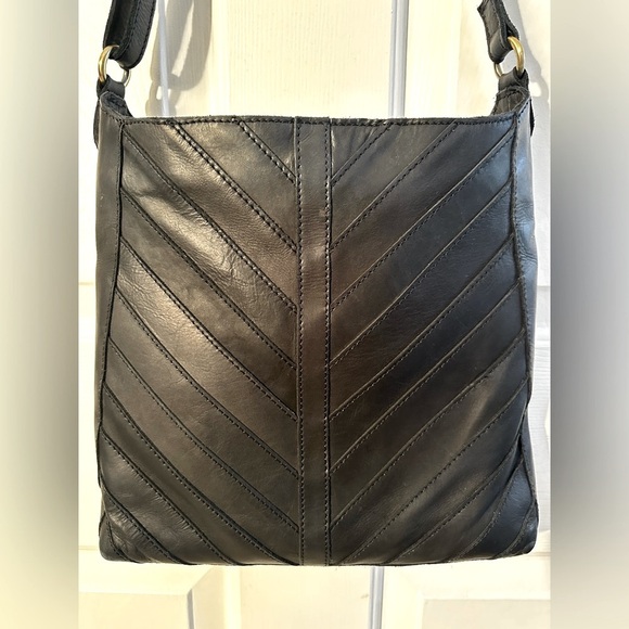 MARGOT Black Genuine Leather Chevron Hobo Bag Purse Adjustable Strap North/South - Picture 1 of 16